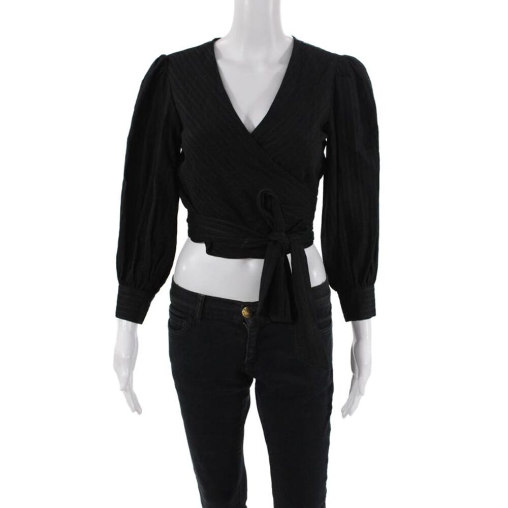 Intermix Womens Striped Long Sleeve V Neck Wrap Blouse Black Size 00